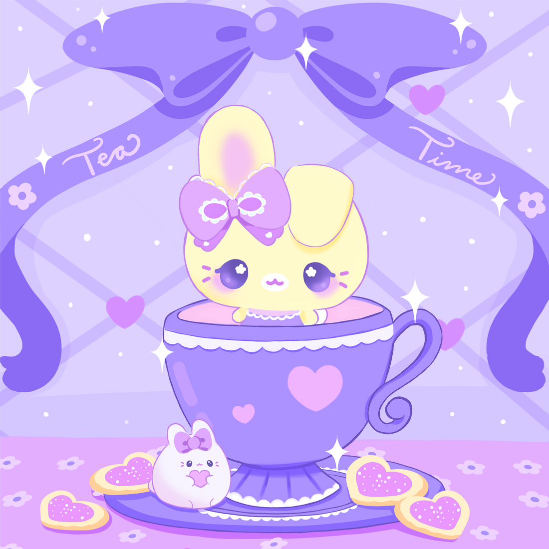 kawaii purple bunny inside a tea cup